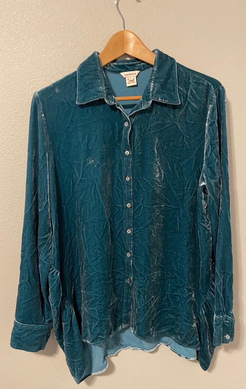 Sundance Top Womens Large Blue Crushed Velvet Button Up Silk Blend Relaxed Boho